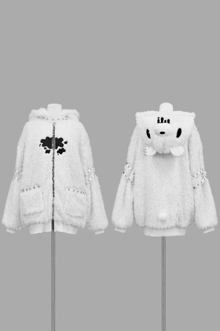 White Long Sleeves Bear Ears Hooded Zippered Gothic Jirai Kei Lolita Coat