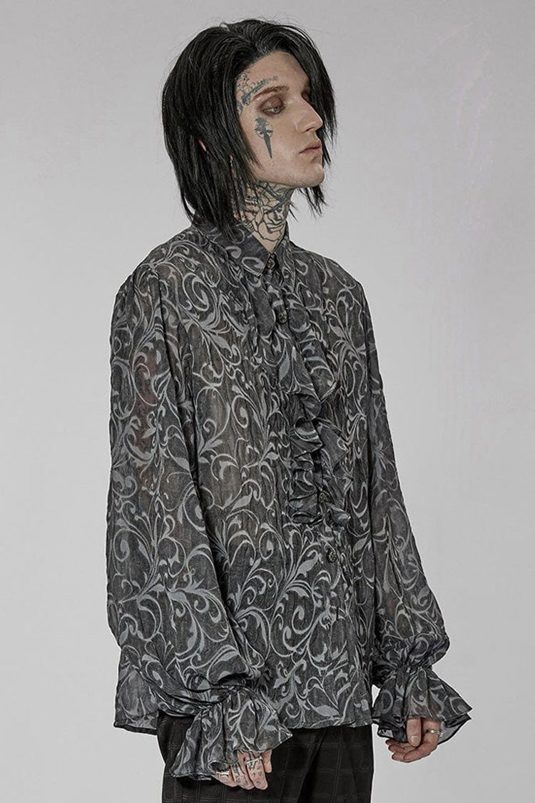 Gray Punk Chiffon Ruffle Stand Collar Wide Brimmed Lantern Sleeves Retro Relief Sculpture Embossing Men's Shirt