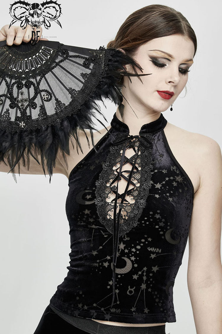 Black Stars And Moon Printing Chest Lace Up Dense Velvet Women's Gothic Vest