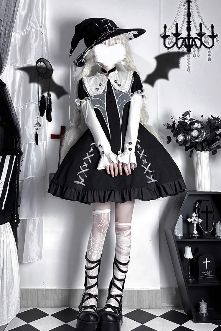 Black Short Sleeves Spider Witch Print Ruffle Gothic Lolita Dress