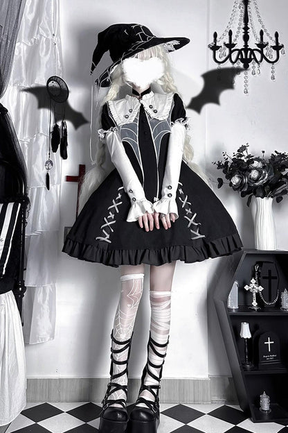 Black Short Sleeves Spider Witch Print Ruffle Gothic Lolita Dress