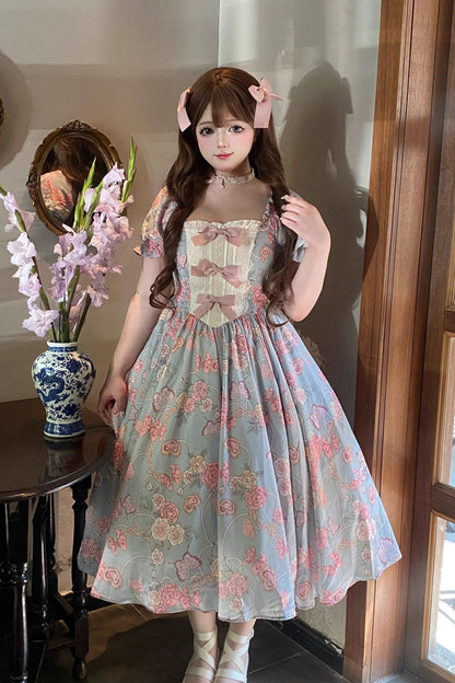 Blue Gem Rose Print Short Puff Sleeves Ruffle Bowknot Sweet Plus Size Lolita Dress