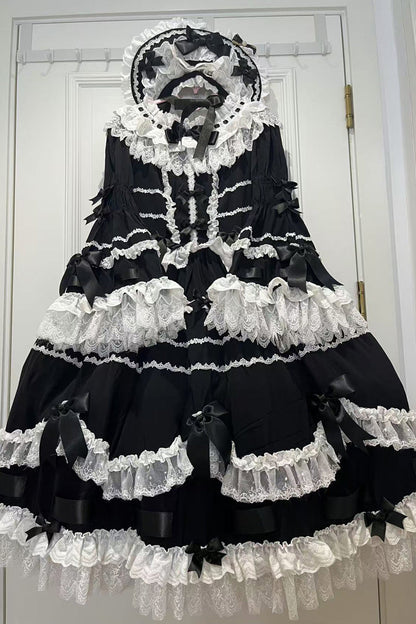Black Round Collar Long Trumpet Sleeves Hanayome Bowknot Lace Daily Sweet Elegant Princess Lolita Dress