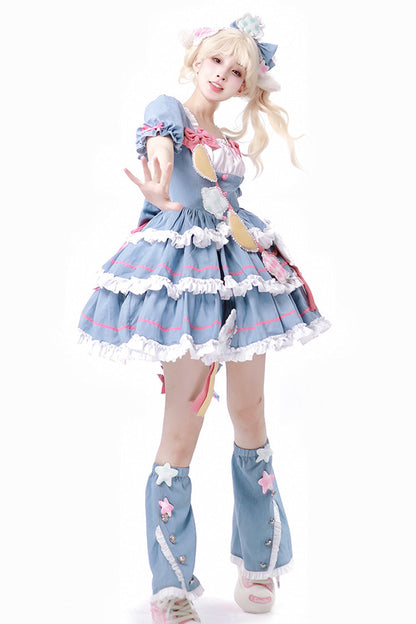 Blue/Pink Garden Party Short Puff Sleeves Multi-layer Ruffle Bowknot Sweet Lolita Dress
