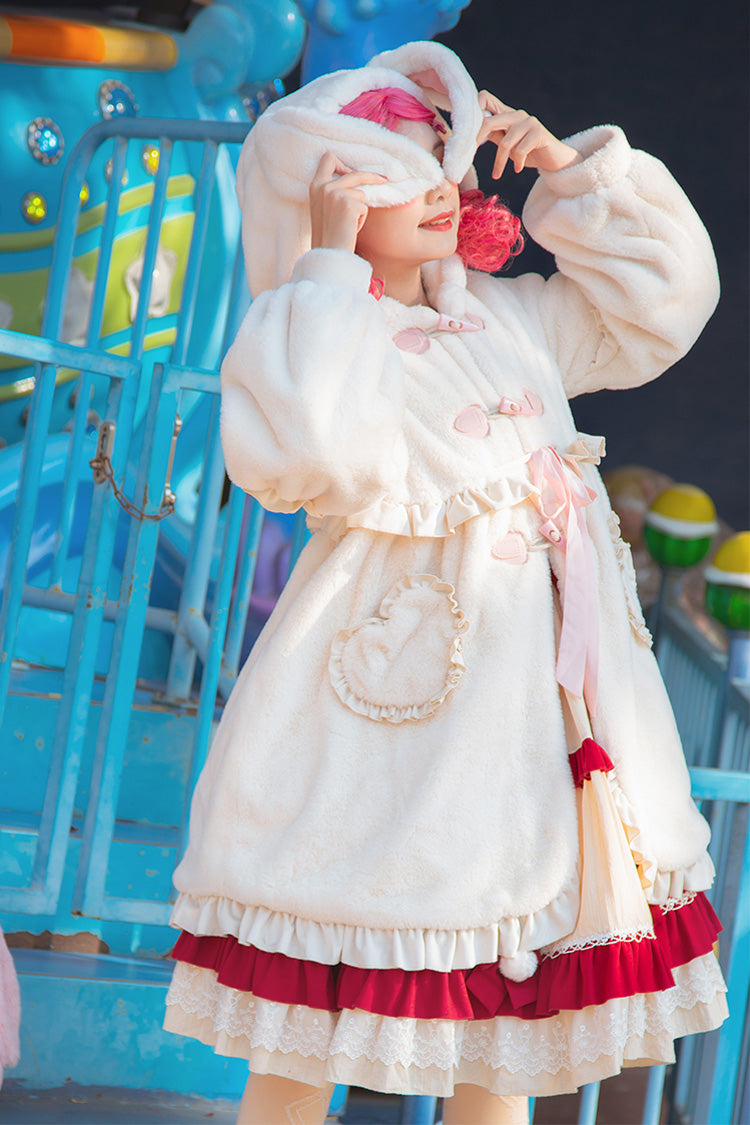 Ivory Long Ears Rabbit Ruffle Bowknot Hooded Daily Sweet Lolita Coat