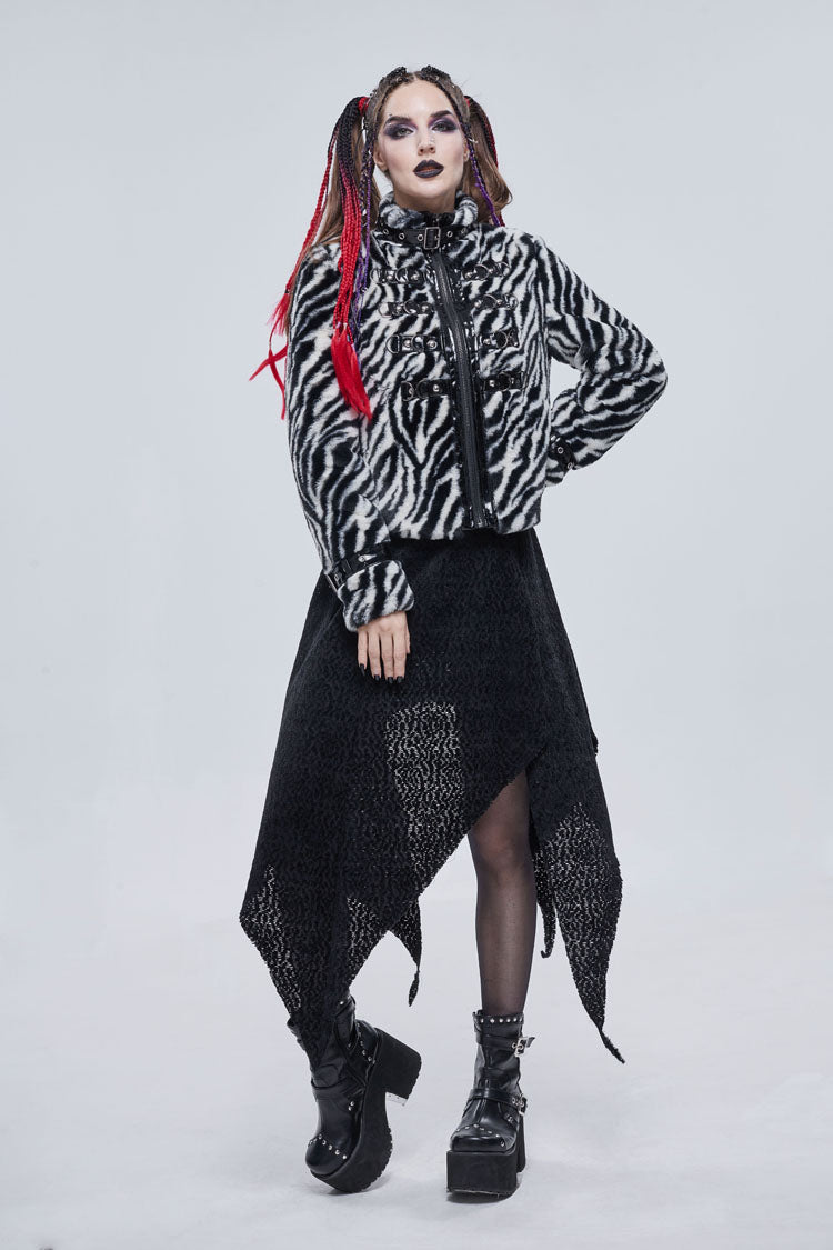 Black/White Stripe Design Shiny Belt With D-Shaped Buckle Decoration Padded Women's Punk Jacket