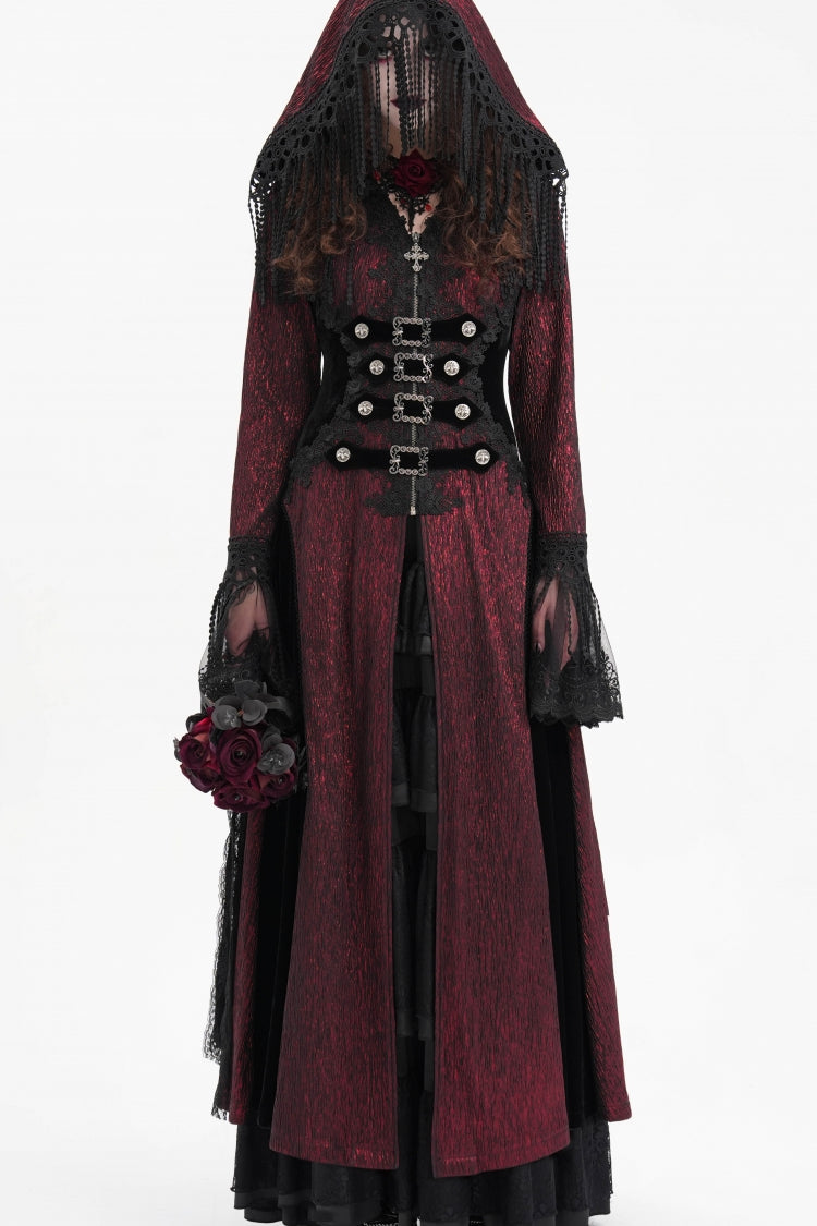Red Buckle-up Tassels Women's Gothic Jacket with Hood