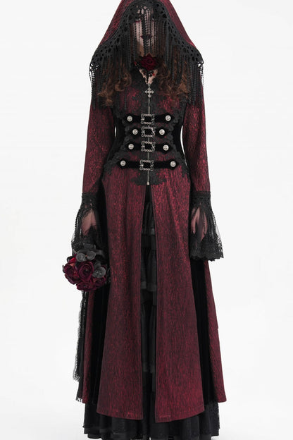 Red Buckle-up Tassels Women's Gothic Jacket with Hood