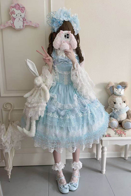 Blue [Sugar Heart Knot] Multi-Layered Ruffled Bow Lace Sweet Lolita Jsk Dress