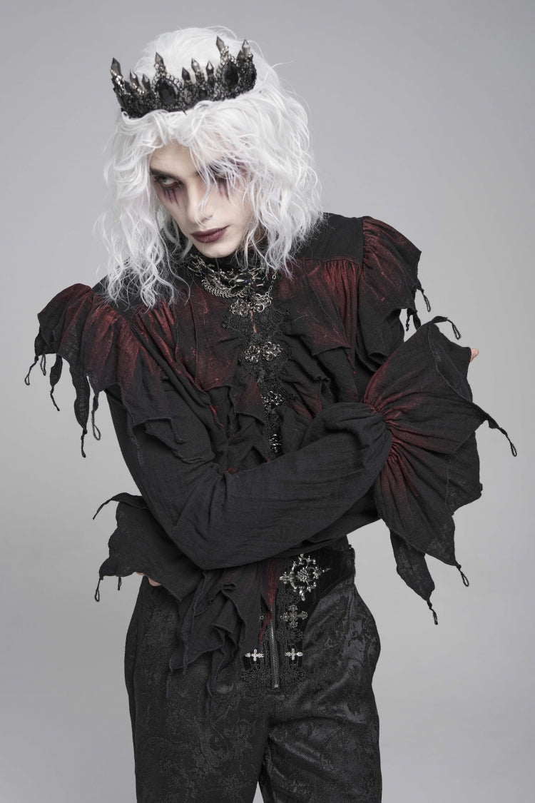 Black/Red Stand Collar Long Sleeves Ruffled Men's Gothic Plunging Shirt