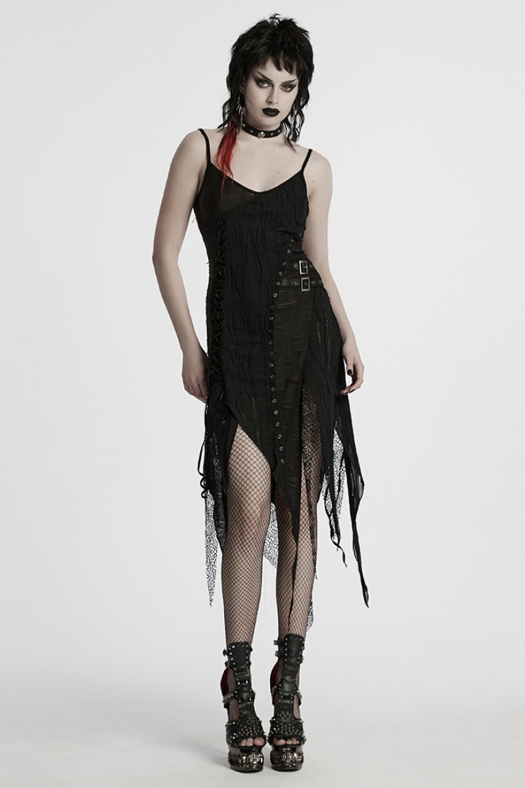 Black Sleeveless Lace Irregular Ripped Women's Gothic Party Slip Dress