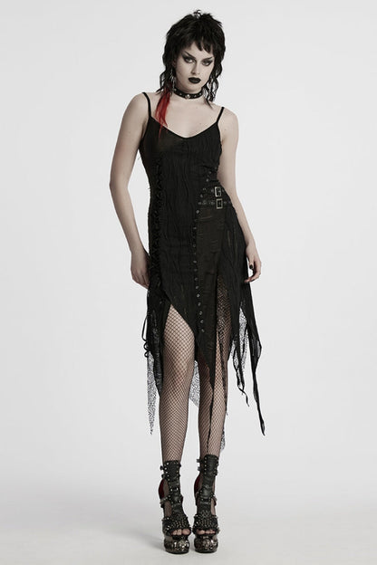 Black Sleeveless Lace Irregular Ripped Women's Gothic Party Slip Dress