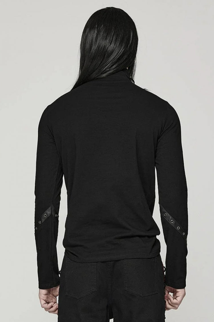 Black Stand Collar Long Sleeves Ripped Metal Chain Mens Steampunk T-Shirt