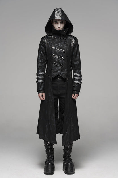 Black Stand Collar Stretch Twill Fabric Hooded Men's Gothic Long Jacket