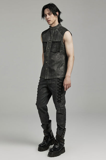 Grey Stand Collar Stitching Men's Punk Vest