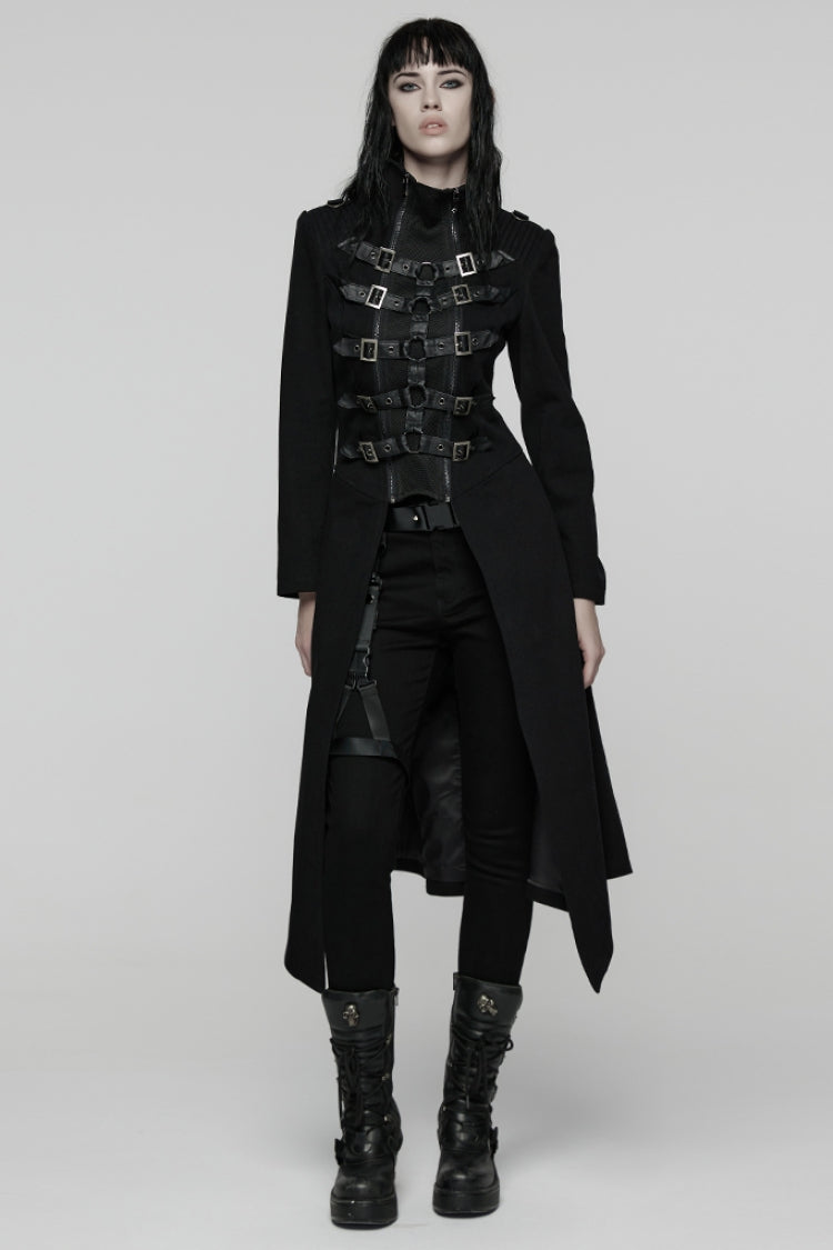 Black Stand Collar Long Sleeves Lace-Up Mesh Buckle Women's Punk Coat