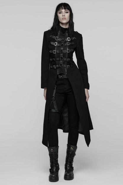 Black Stand Collar Long Sleeves Lace-Up Mesh Buckle Women's Punk Coat