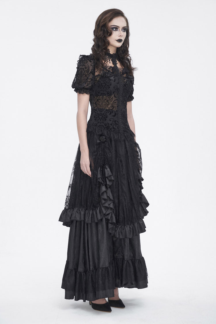 Black Short Sleeves Print Ruffle Lace Sheer Women's Gothic Blouse