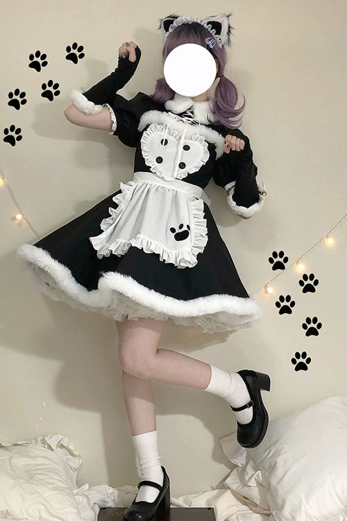 Black/White Cat Paw Print Short Sleeves Maid Sweet Lolita Dress Set