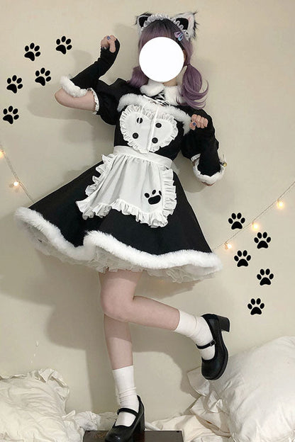 Black/White Cat Paw Print Short Sleeves Maid Sweet Lolita Dress Set