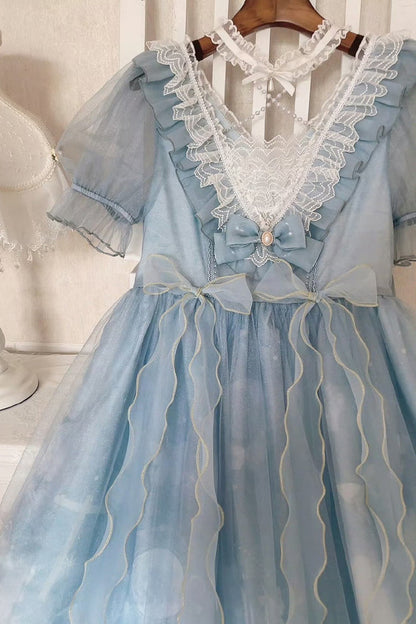 Blue High Waisted Planet Butterfly Print Ruffle Lace Sweet Lolita Dress