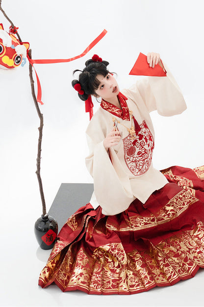 Red/Apricot V Collar Lantern Sleeves High Waisted Print Hot Stamping Women's Sweet Classic Hanfu Two Piece