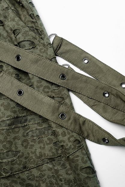 Green Ripped Men's Punk Sagging Pants with Straps