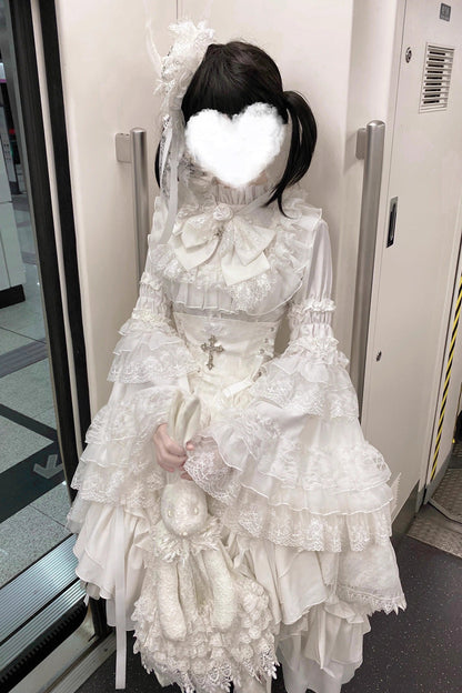 White [Eternal Taboo] Long Hime Sleeves Ruffled Bow Gothic Lolita Skirt Dress Set