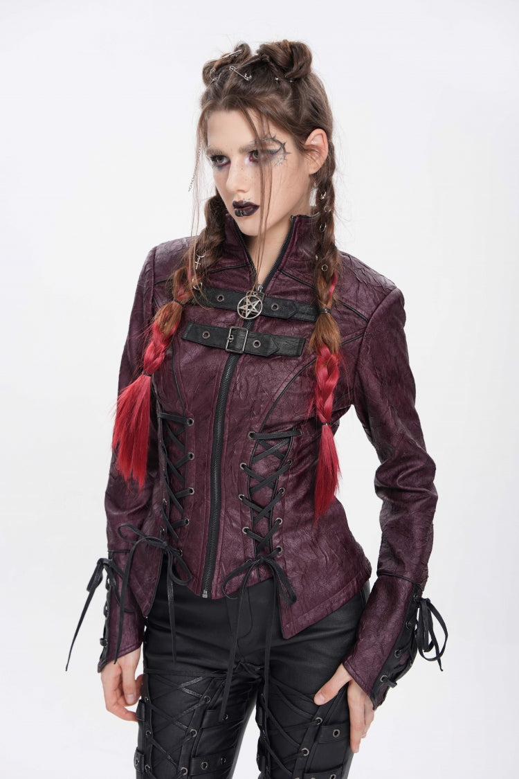 Red Pentacle Lace-Up Buckle Women's Punk Jacket