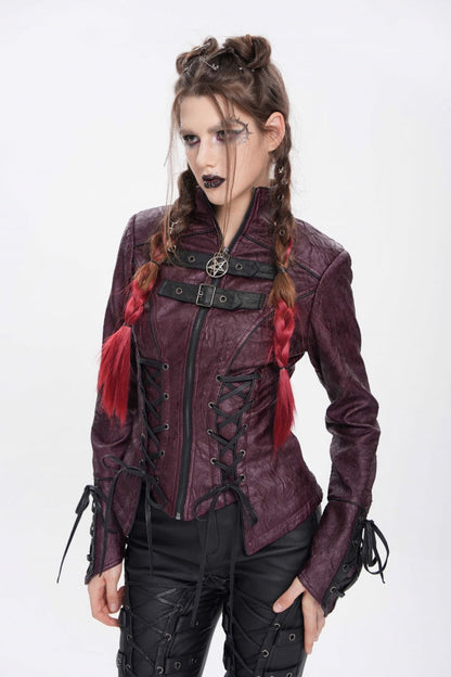 Red Pentacle Lace-Up Buckle Women's Punk Jacket