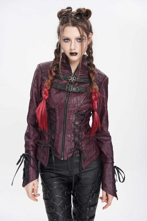 Red Pentacle Lace-Up Buckle Women's Punk Jacket