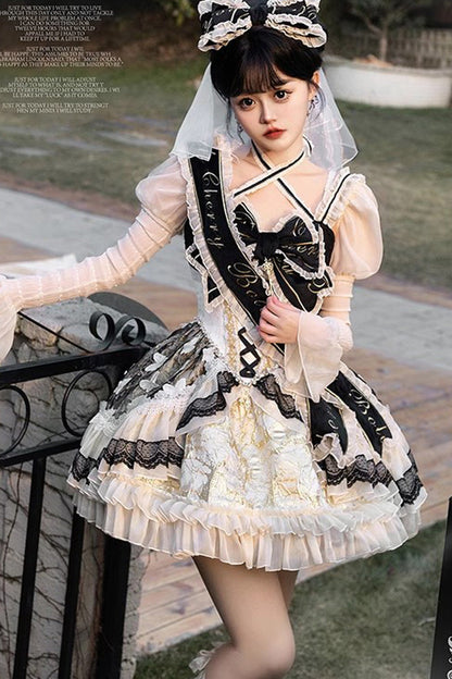 Black/Gold [Lilibet] Print Ruffle Cardigan Bowknot Lace Fishbone Sweet Lolita Dress