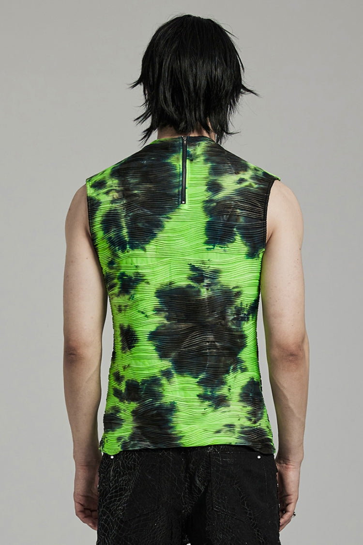 Black/Green Stand Collar Sleeveless Tie-dyed Men's Punk Vest