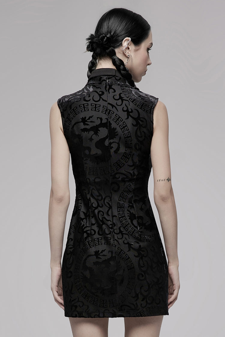 Black Sleeveless Dragon Totem Pattern Print Women's Gothic Dress