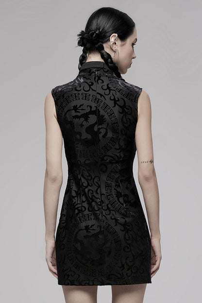 Black Sleeveless Dragon Totem Pattern Print Women's Gothic Dress