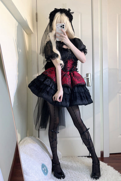 Black/Red Ancient Dream of the Dark Night Print Ruffle Gothic Lolita Jsk Dress