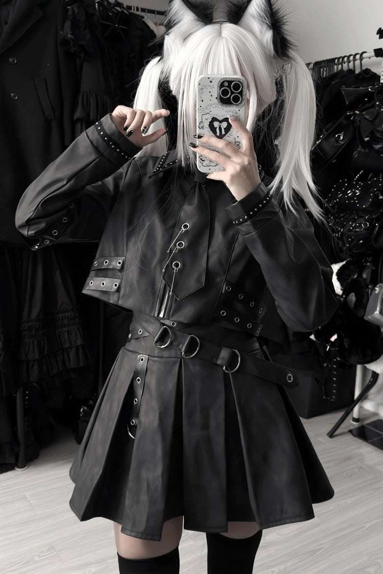 Black [Eternal Night of Bones] Lapel Collar Long Sleeves Studded Eyelet Gothic Jirai Kei Japanese Handsome Top and Skirt Set