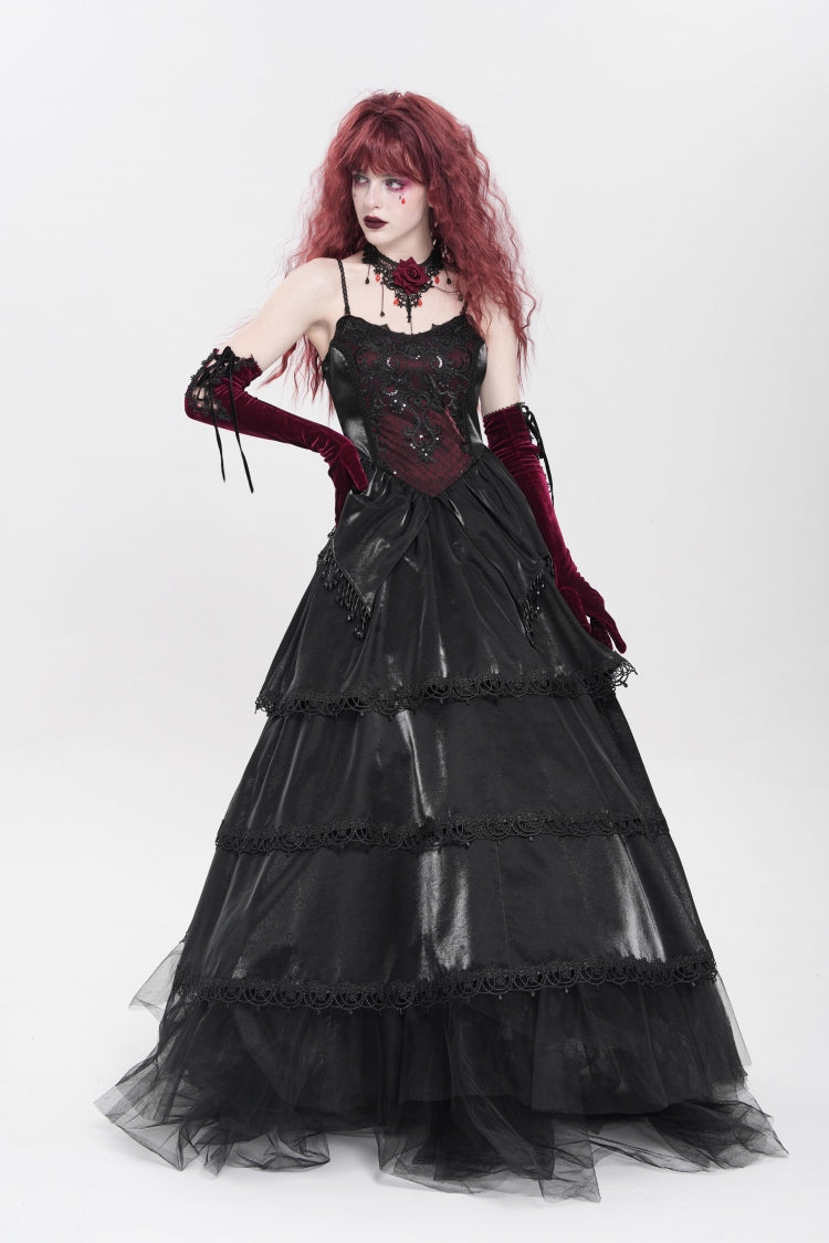 Black Sleeveless Multi-Layered Embroidery Pearl Women's Gothic Slip Dress