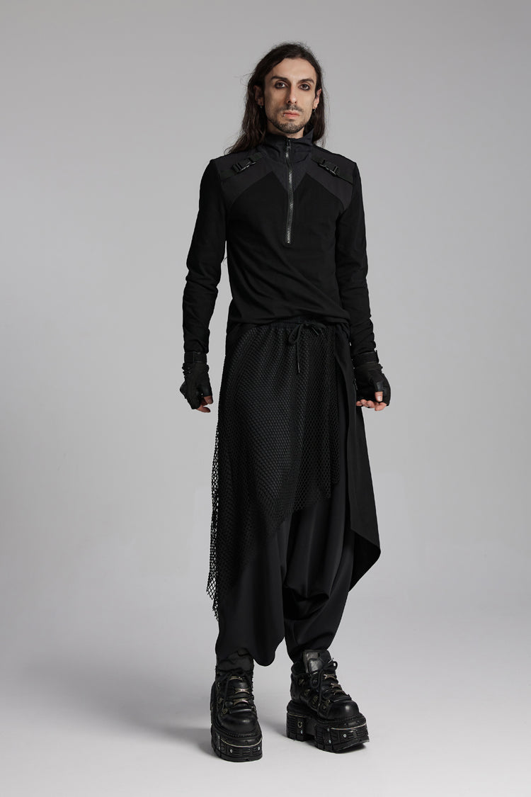 Black Stand Collar Long Sleeves Techwear Bucket-up Zip Men's Punk T-Shirt