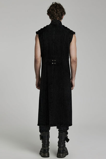 Black Stand Collar High Waisted Slim Men's Gothic Long Vest