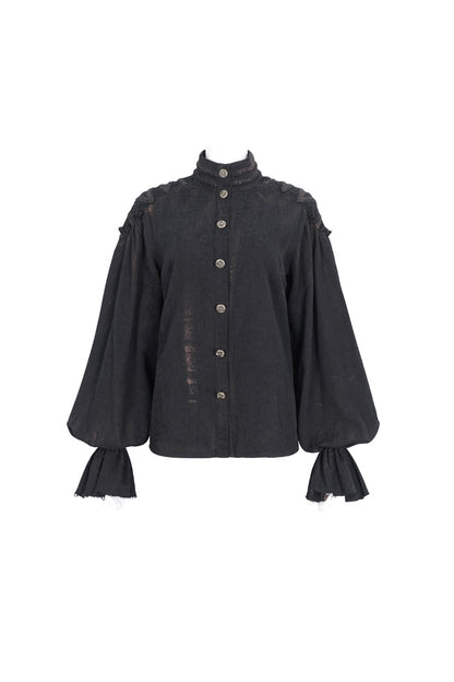 Black Stand Collar Lantern Sleeves Print Lace Women's Punk Blouse