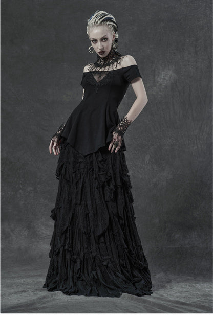 Black Short Sleeve Orizontal Neck Front Chest Lace Embroidery Frill Hem Women's Gothic T-Shirt