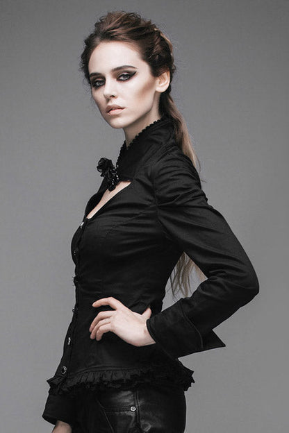 Black Vintage High Collar Elastic Slim Womens Gothic Blouse