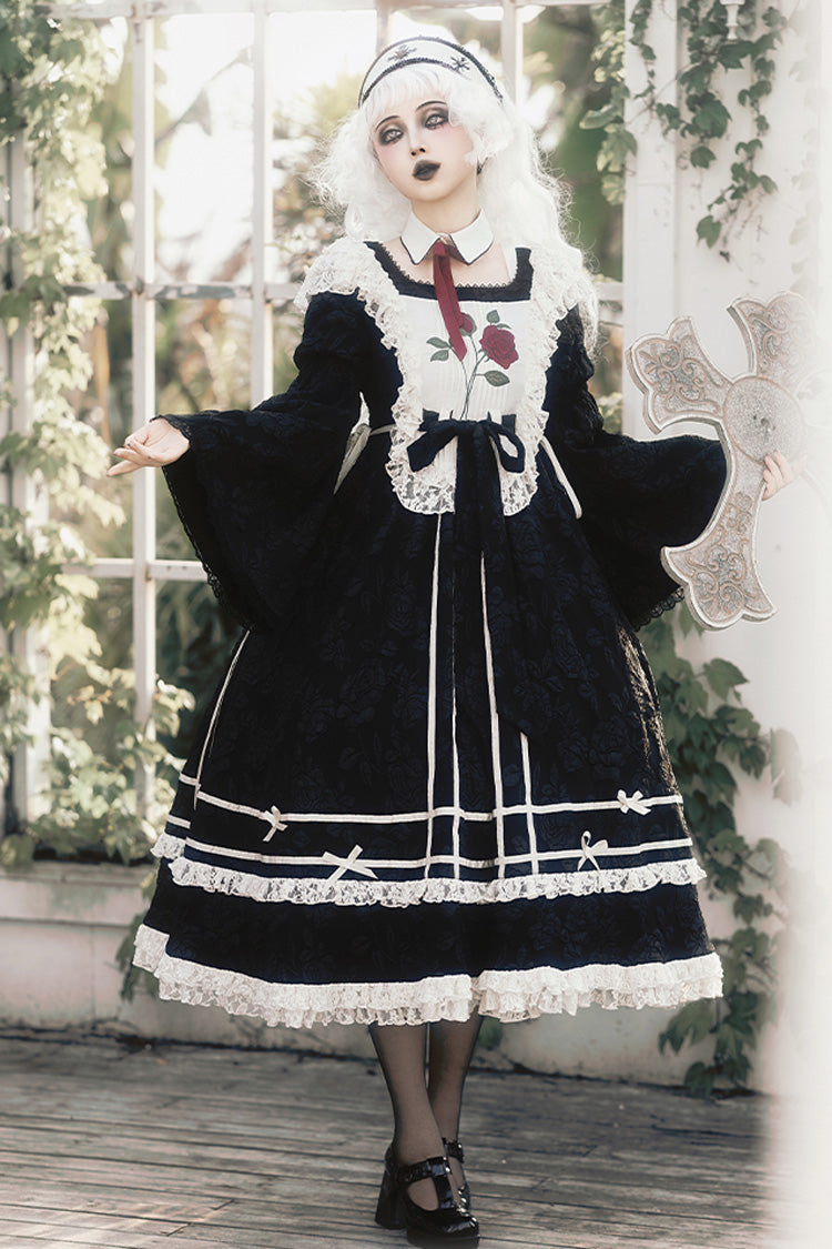Black [Rose Choir] Double-Layered Ruffle Embroidery Bowknot Lace Gothic Elegant Nun Lolita Dress