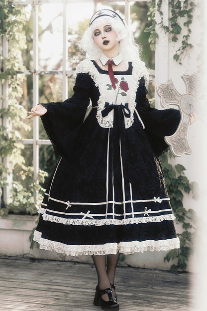 Black [Rose Choir] Double-Layered Ruffle Embroidery Bowknot Lace Gothic Elegant Nun Lolita Dress