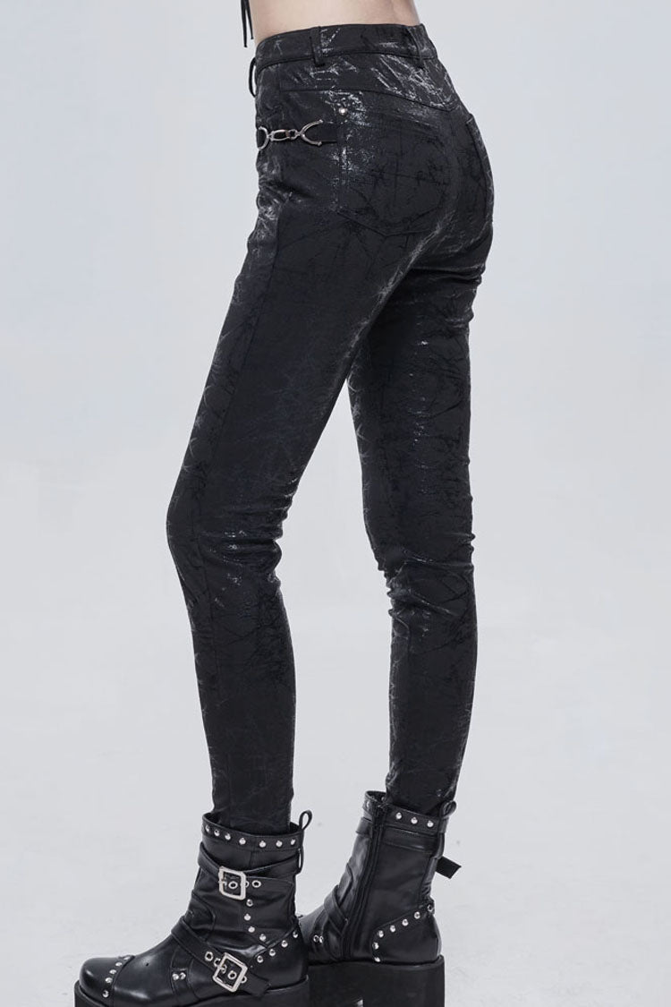Black Punk Knitted Over Glue Metal Buckle Decoration Elasticity Leather Women's Leggings