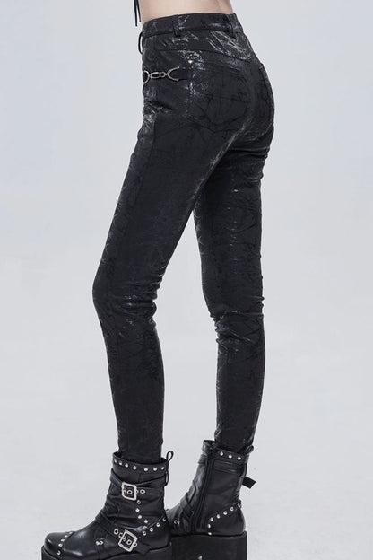 Black Punk Knitted Over Glue Metal Buckle Decoration Elasticity Leather Women's Leggings