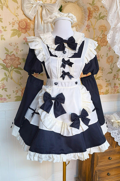Black/White Short Sleeves Ruffle Bowknot Lace Plus Size Sweet Maid Short Lolita Dress
