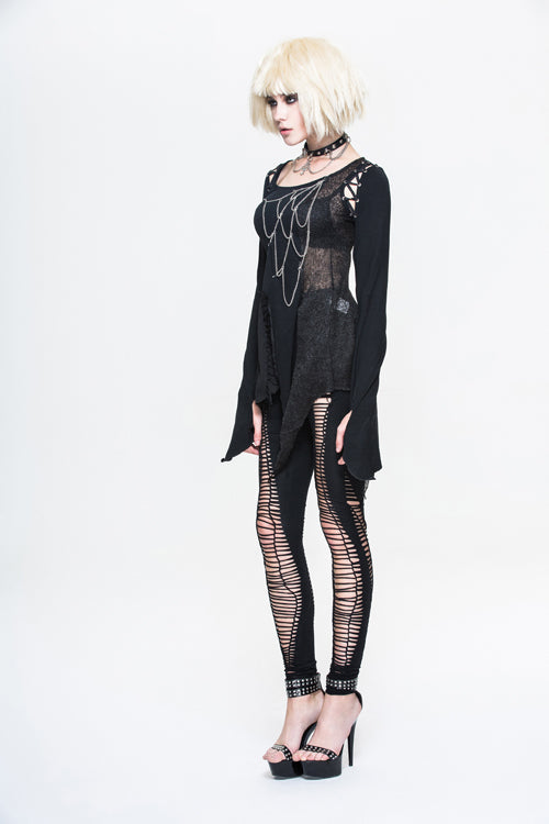 Black Sexy Asymmetrically Broken Holes Spiderweb Shape Chains Women Punk T-Shirt