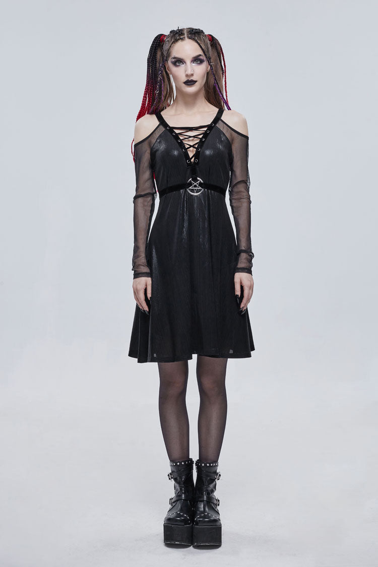 Black Stretch Knit Patchwork Fine Mesh V Neck Cross Tie Metal Pentagram Buckle Strap Women's Punk Dress